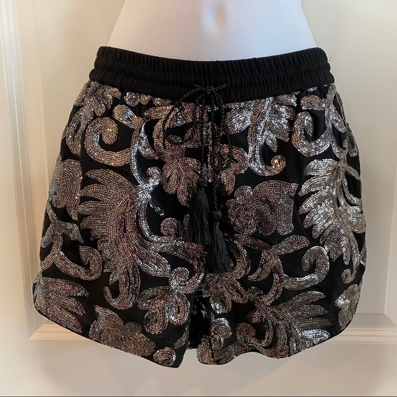 Silver Sequin Paisley Print Shorts w Drawstring  4 - Picture 2 of 11